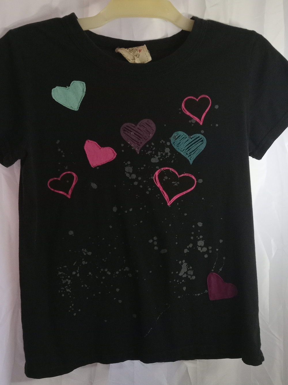 Vintage Scrapbook Black Tee with Pink, Teal & Purple Heart Motif